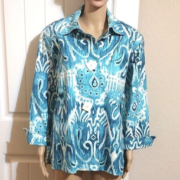 Painted Pony Women's Size 1X Blue and White Button up Cotton Coat - Picture 1 of 11